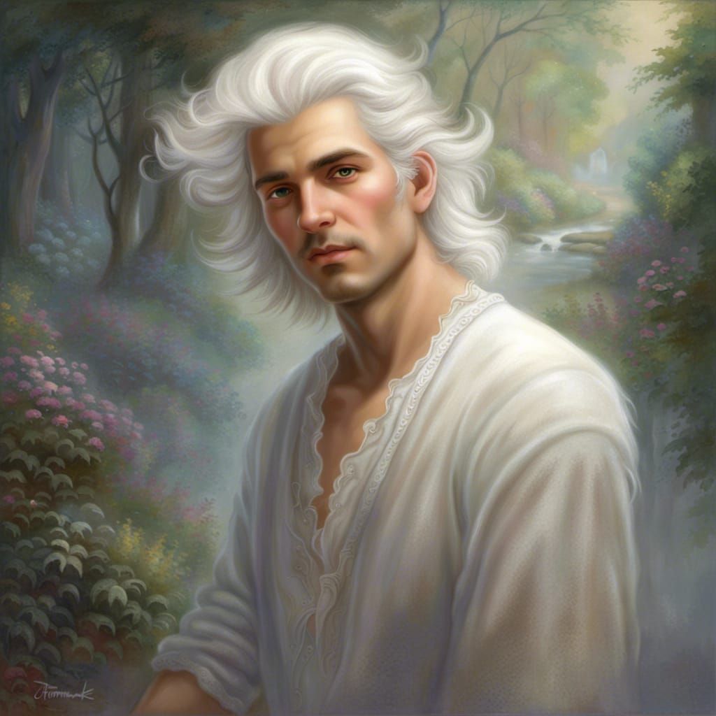 Ethereal Young Man with White Hair Fantasy Portrait
