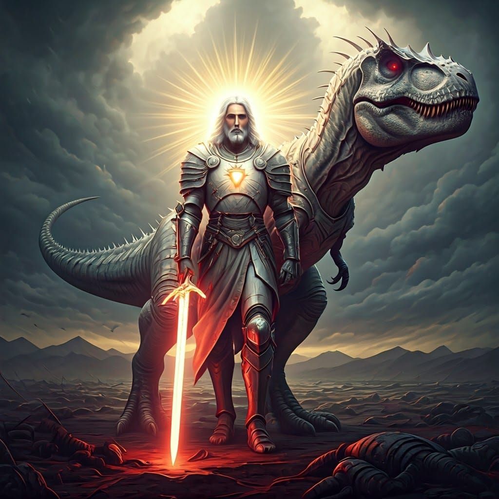 Jesus Christ, Warrior with T-Rex on Battlefield