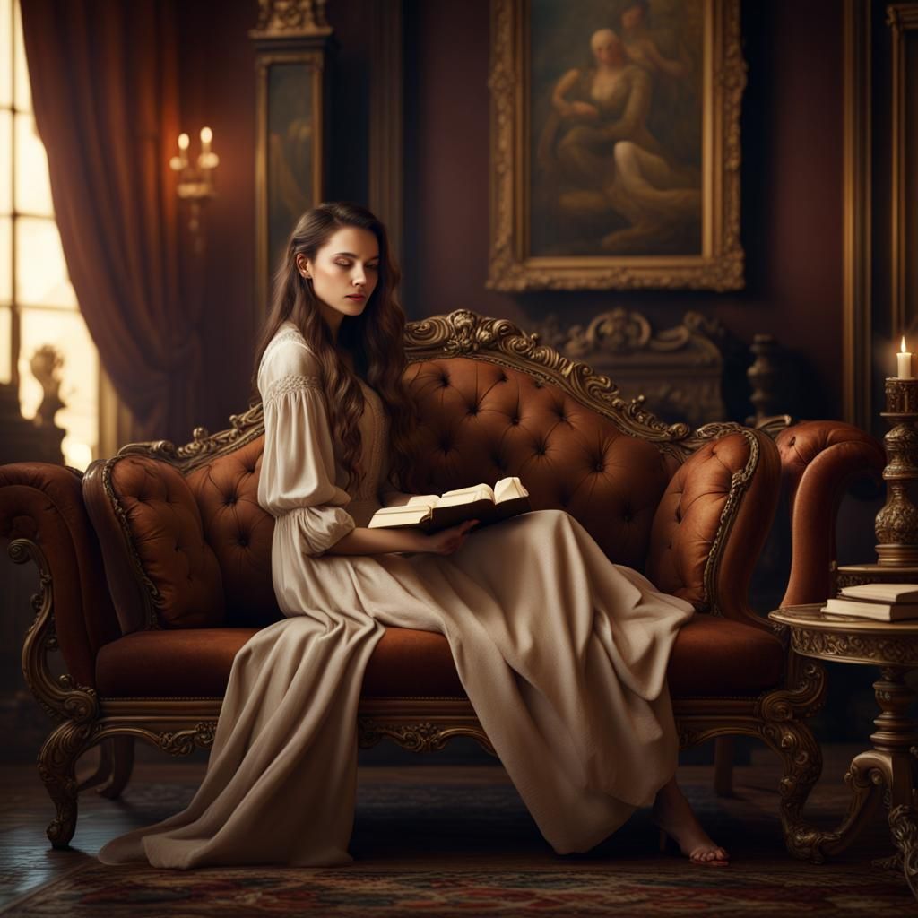 Beautiful Woman Reading on Antique Sofa