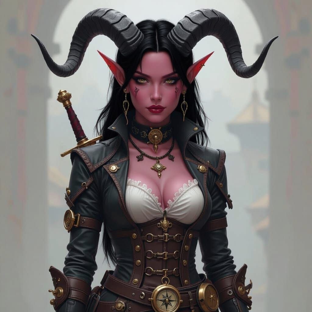 Steampunk Tiefling Rogue with Dagger and Compass