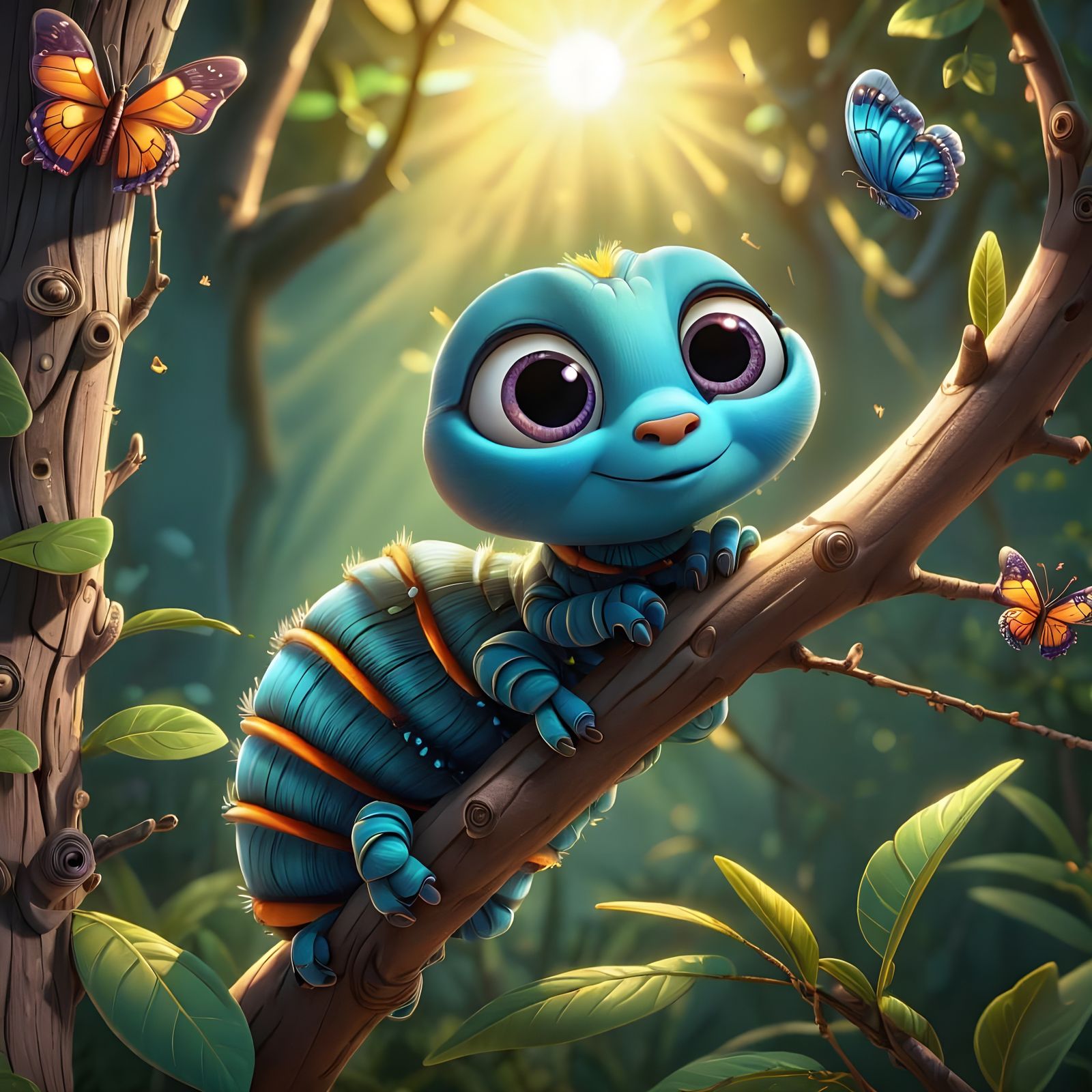 Cartoon Caterpillar Amazed by Butterflies