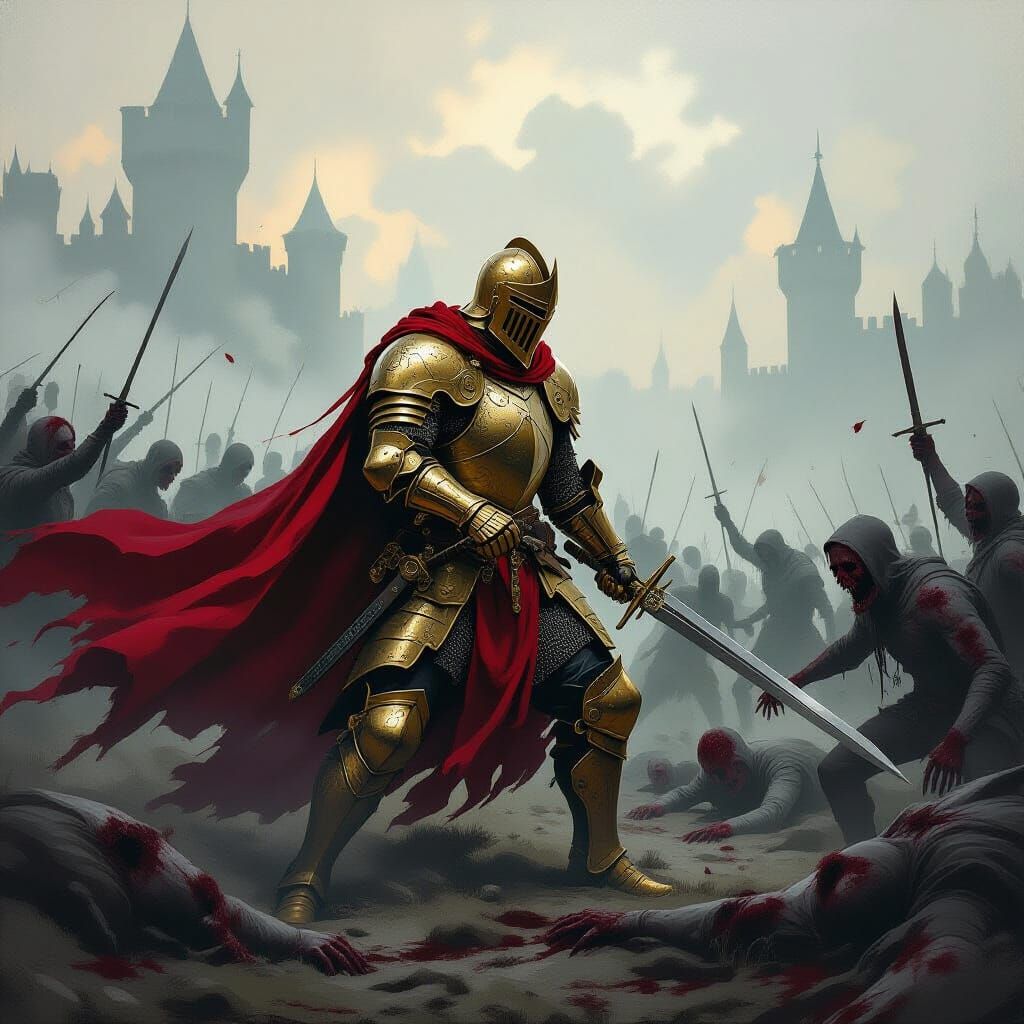 Golden Knight Battles Zombies in Misty Landscape