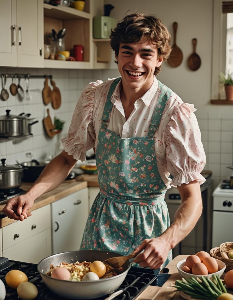 Muscular Boy in Easter Dress Cooking, Cinematic Style