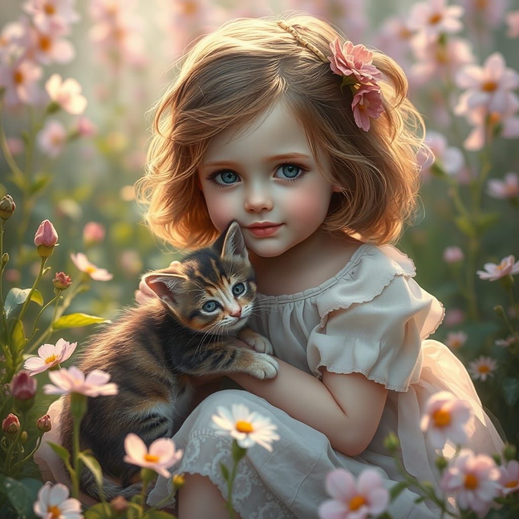 Girl and Kitten in Pastel Garden: Digital Illustration