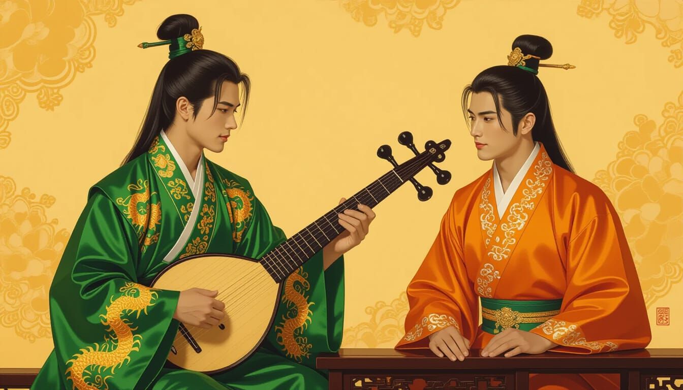 Chinese Musicians in Silk Hanfu: Golden Renaissance Style