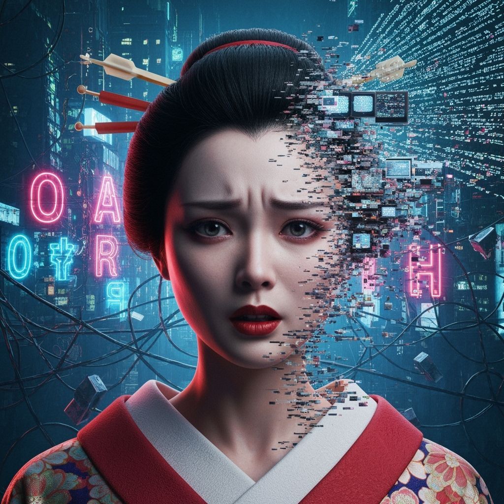 Geisha Cyberpunk Meltdown in Futuristic Cityscape