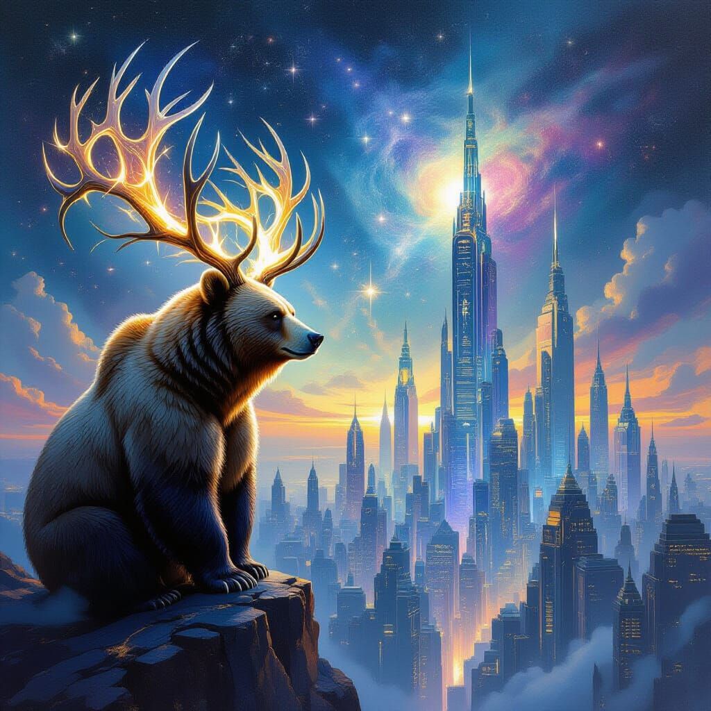 Cosmic Bear With Glowing Antlers Over Crystalline City