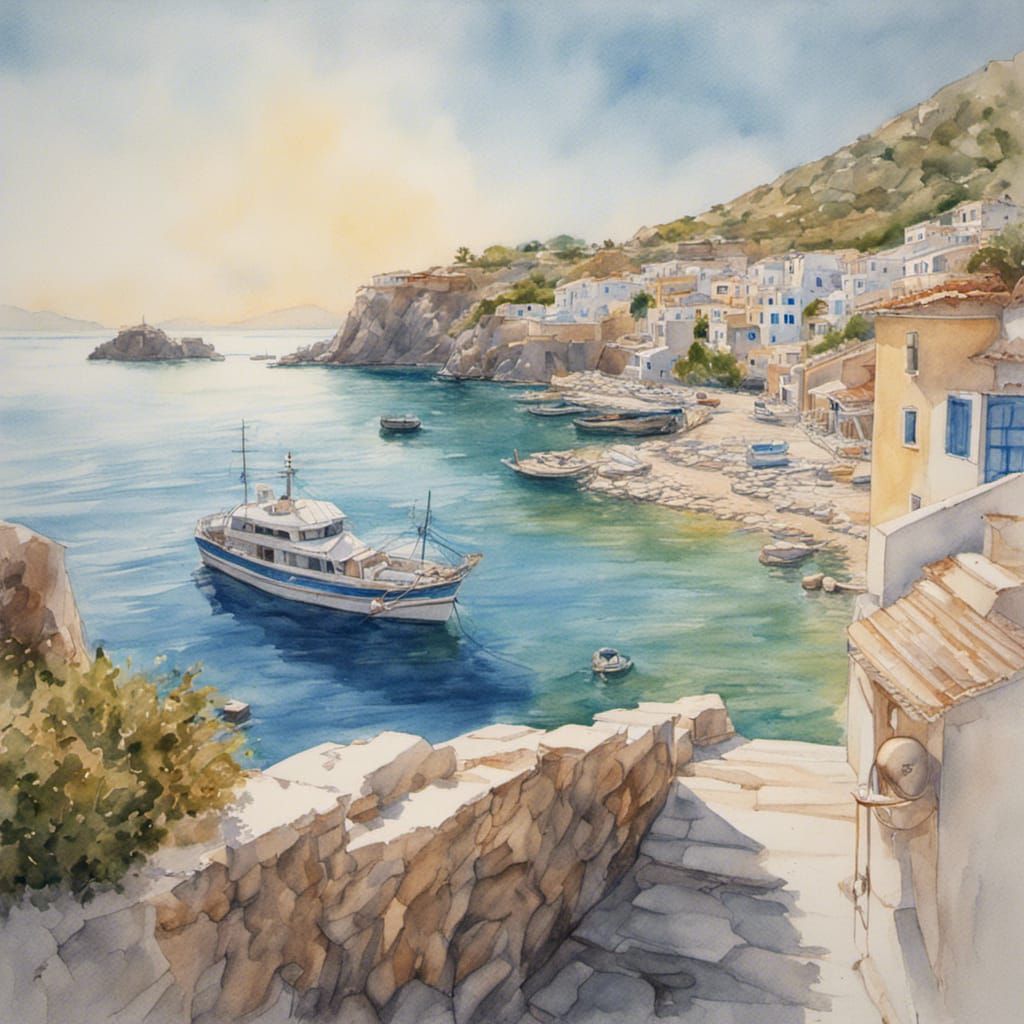 Greek Island Harbour in Watercolour Pencil