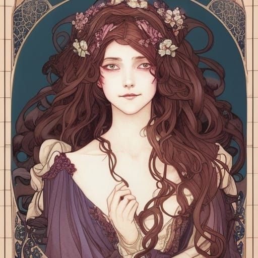 Art Nouveau Medieval Lady in Watercolor and Ink