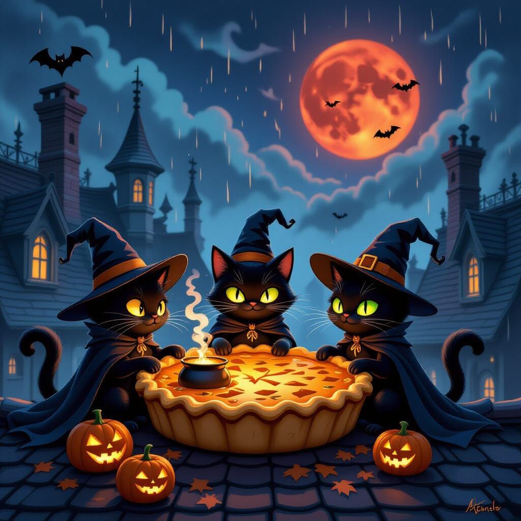 Halloween Cats Feast on Glowing Pie on Haunted Mansion Rooft...