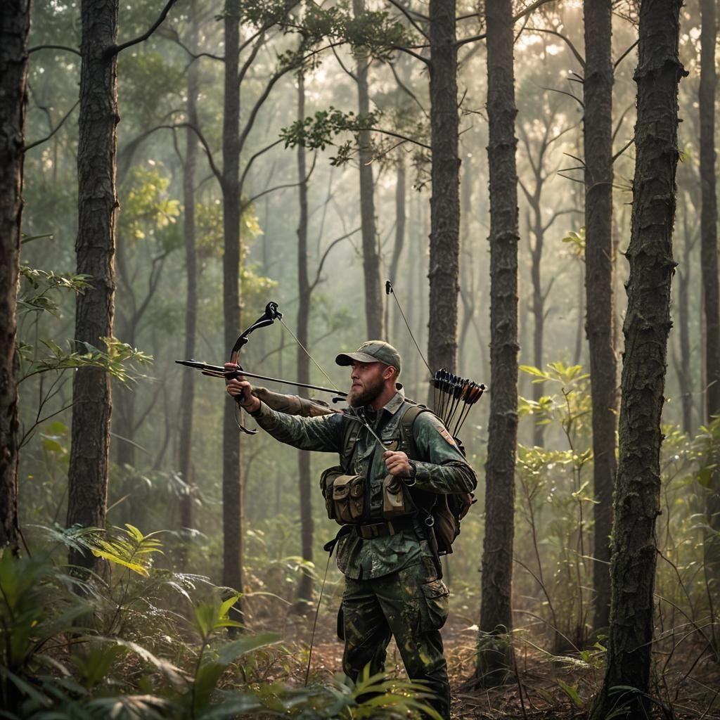 Wildlife photography of Modern turkey hunter stands camoufla...