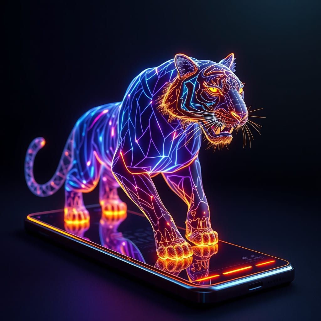 Majestic Cyberpunk Tiger Hologram Emerges from Mobile Phone