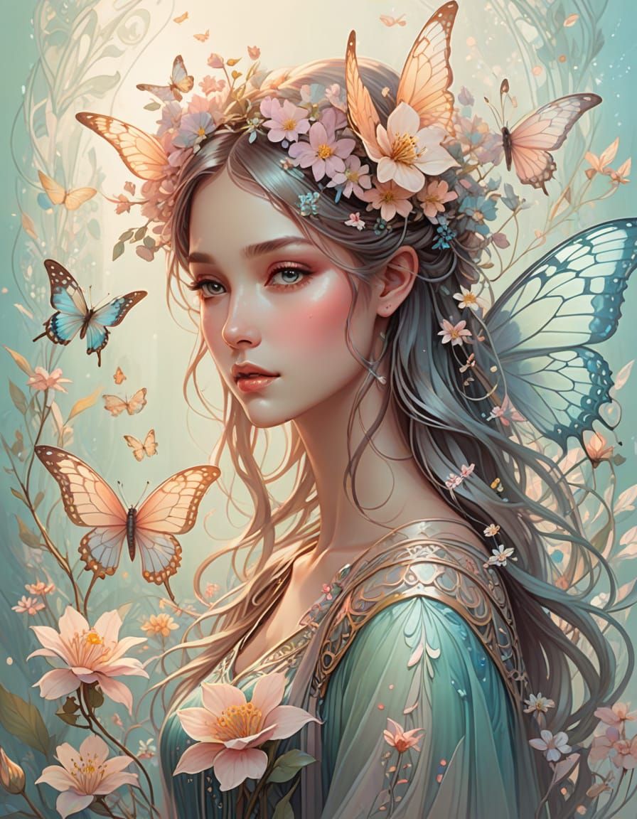 Ethereal Fairy Girl Amidst Blooming Pastel Flowers