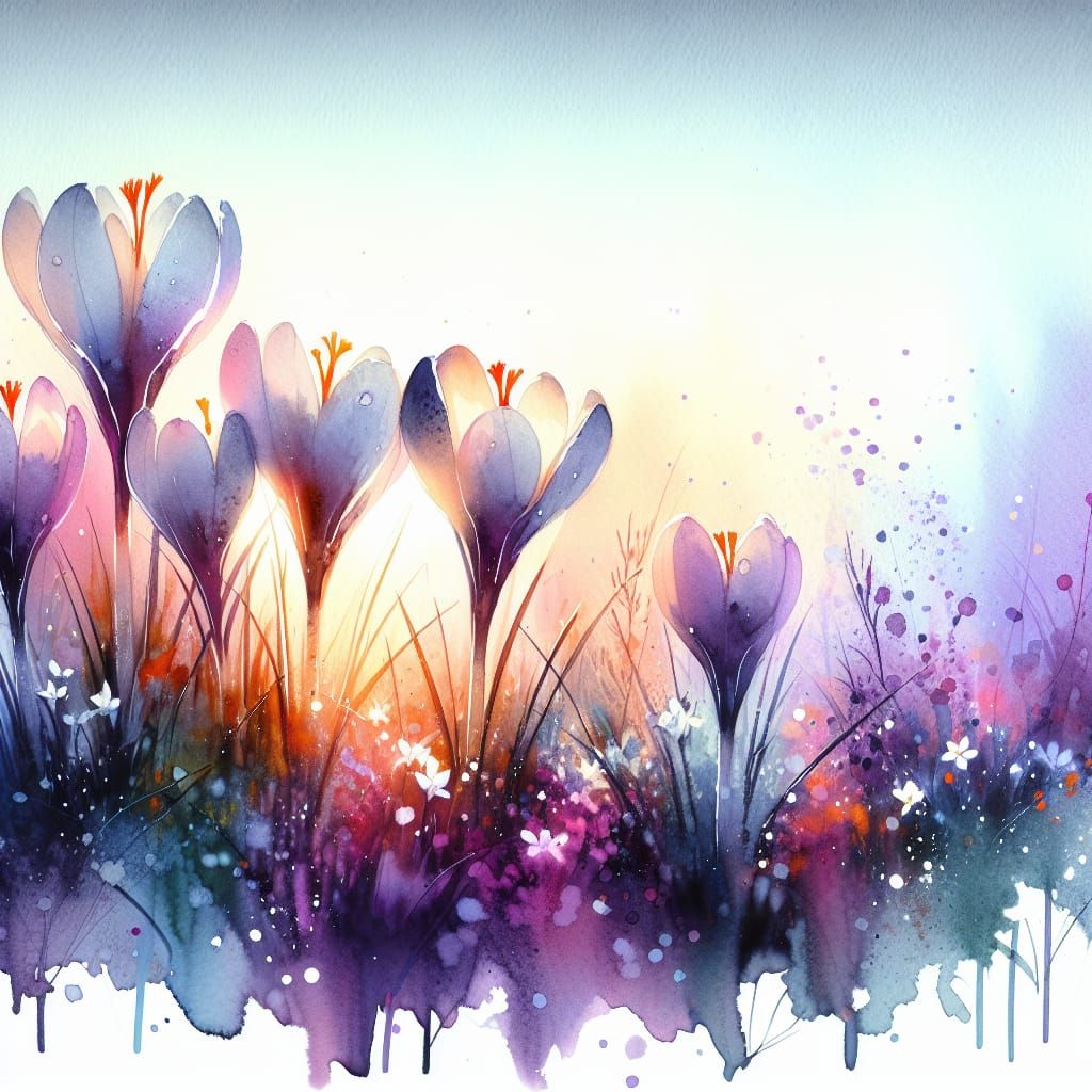 Crocuses in Morning Dew: A Minimalist Watercolor