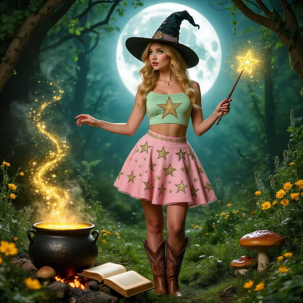 Elegant Witch in Enchanted Forest, Cinematic Fantasy Art