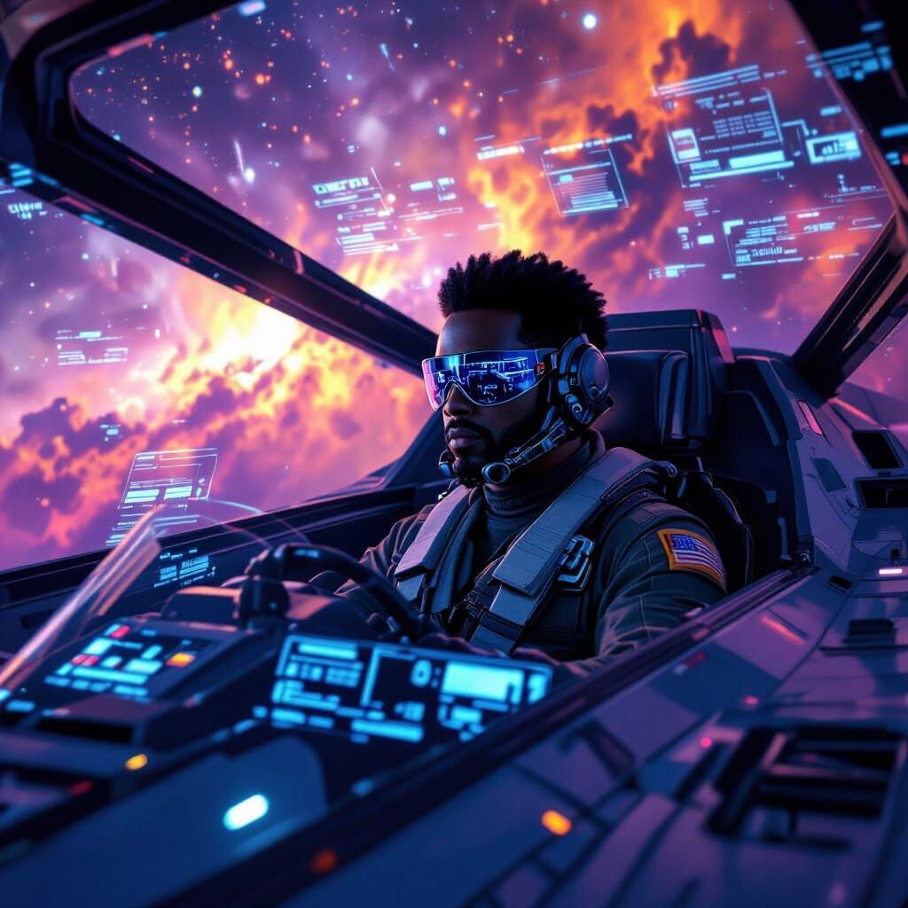 African American Pilot Navigating Nebula in Starfighter