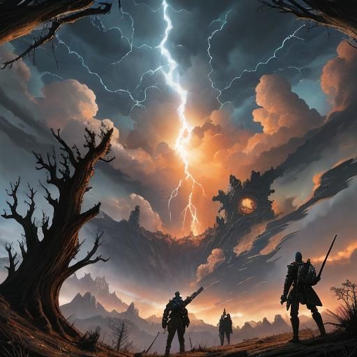 Fantasy Adventurers Witness Lightning in Barren Wasteland