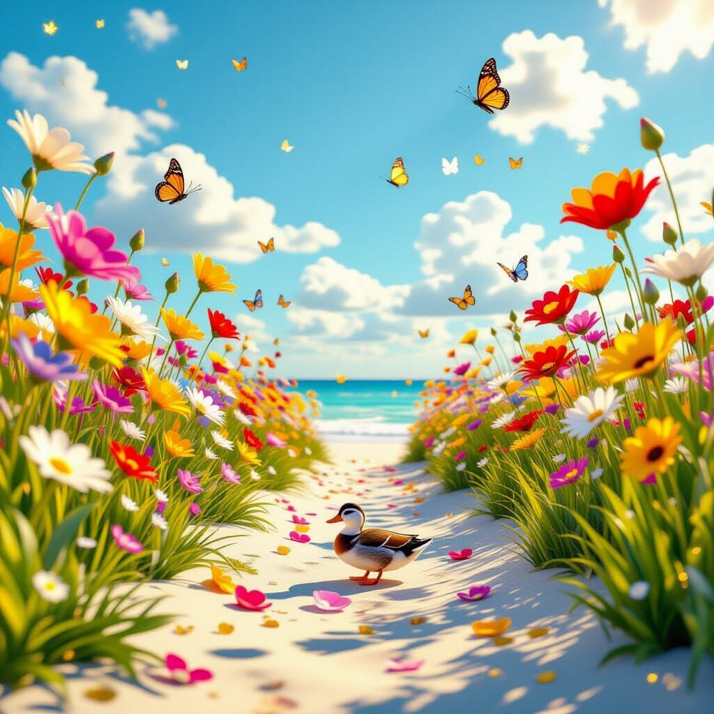 Vibrant Flower Meadow Beach Scene in 3D Render