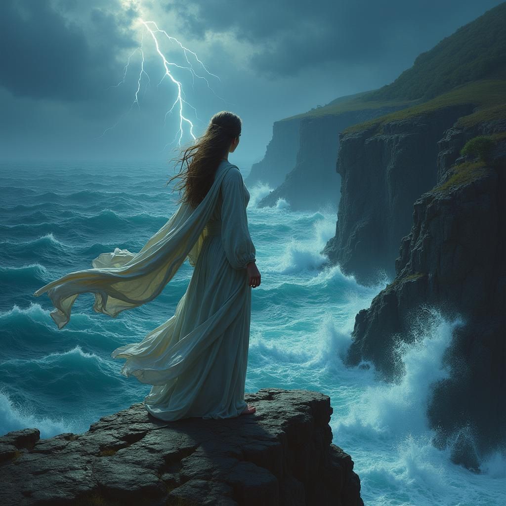 Stormy Sea Woman in Dreamlike Cinematic Style