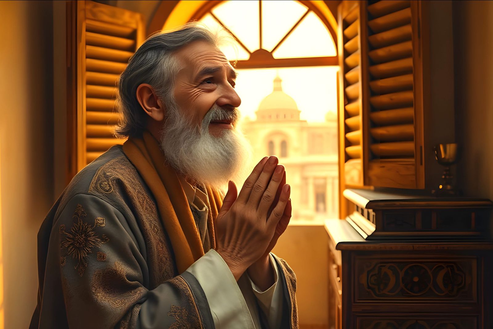 Devout Man in Prayer, Surrounded by Golden Light