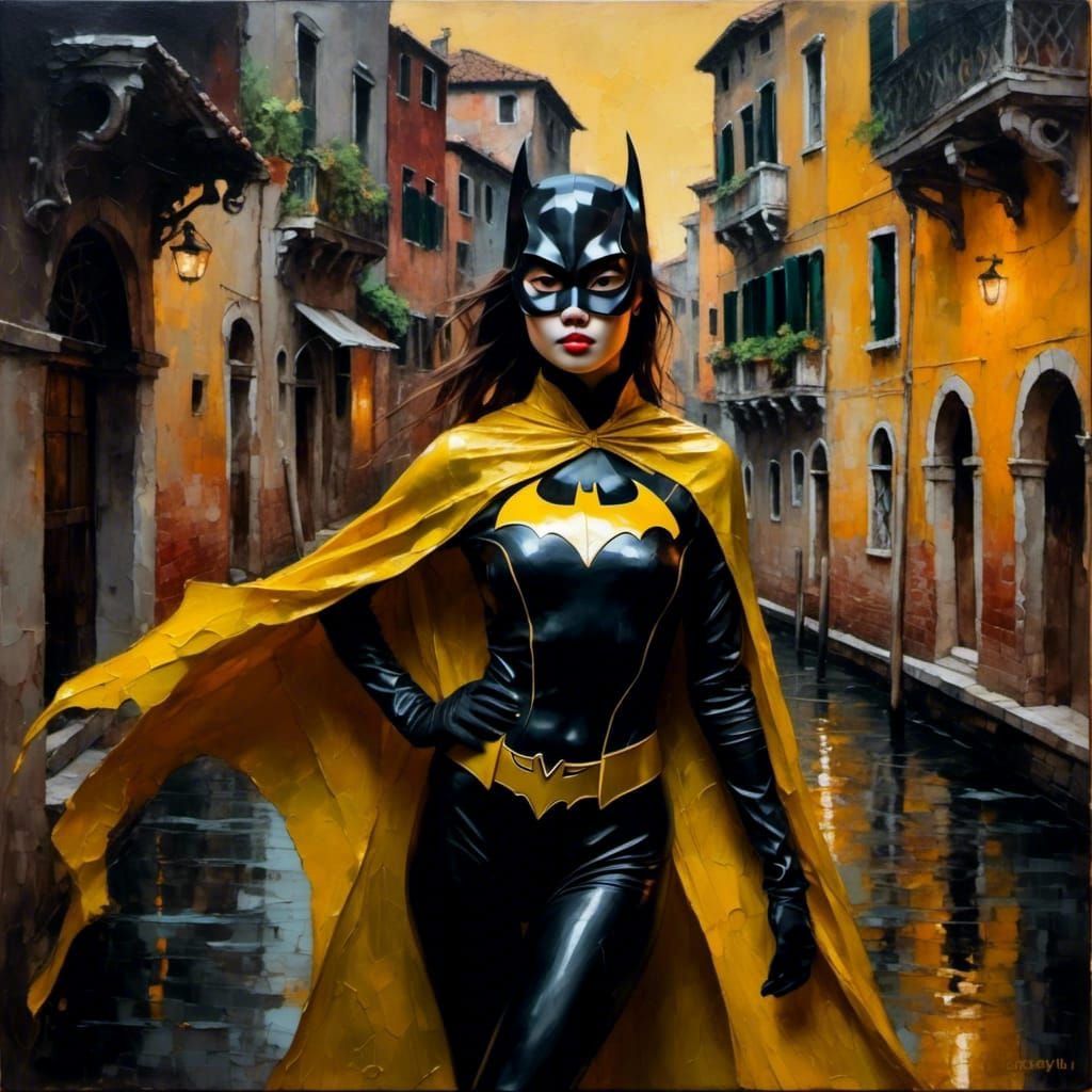 Batgirl in Venice as Sfumato Oil Painting