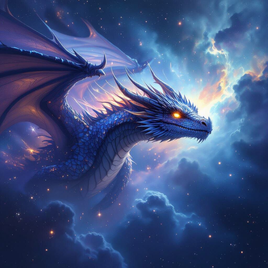 Cosmic Dragon Soaring Through Nebula in Hyperrealistic Style