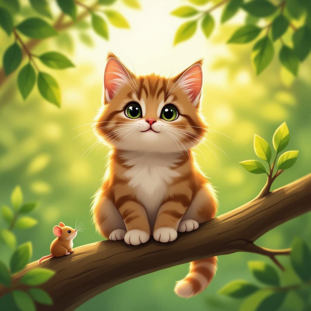 Fluffy Cat Waits for Mouse on Oak Branch in Golden Hour