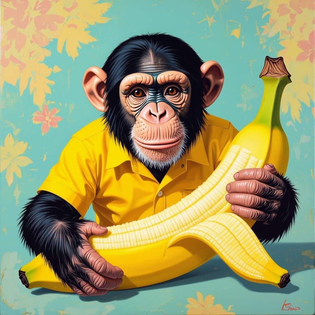 Chimpanzee Emerging from Banana Skin in Pop Surrealist Style