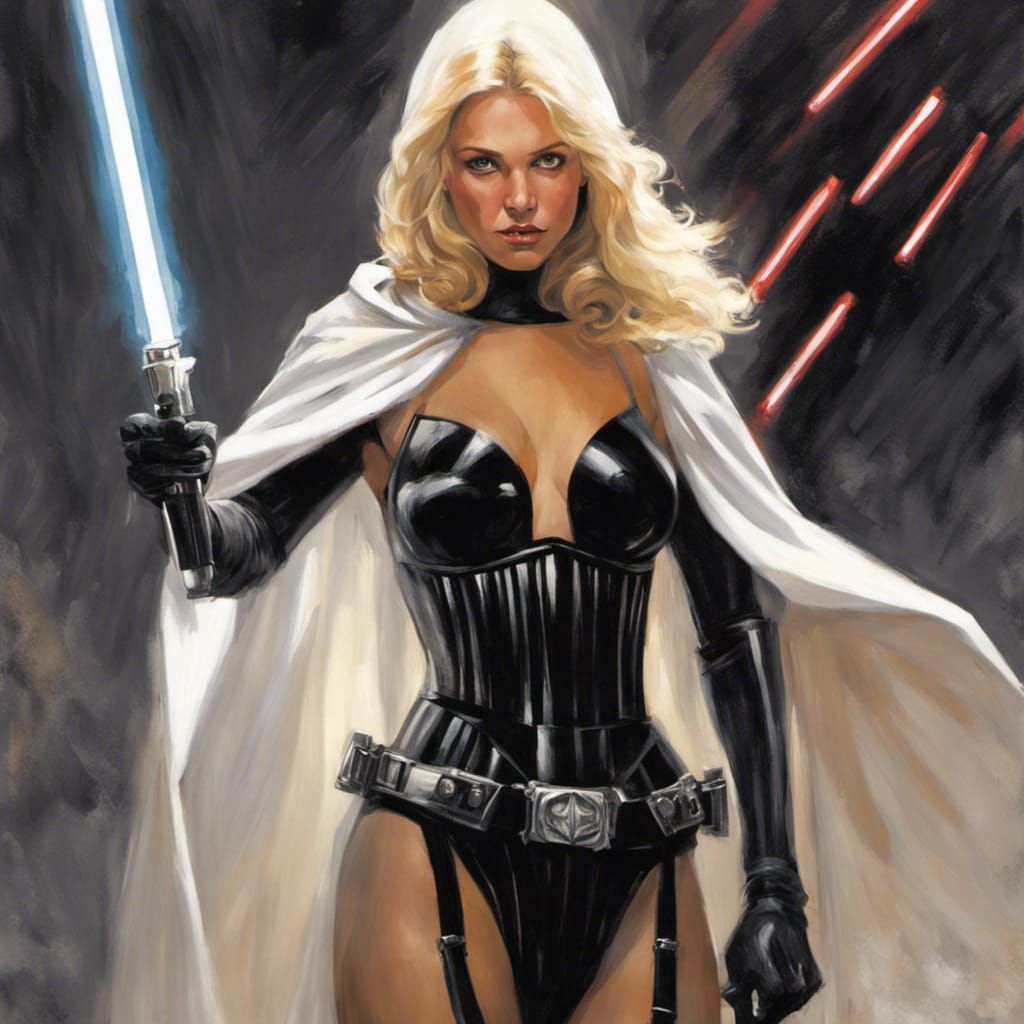 Blonde Warrior with Lightsaber Beside Darth Vader