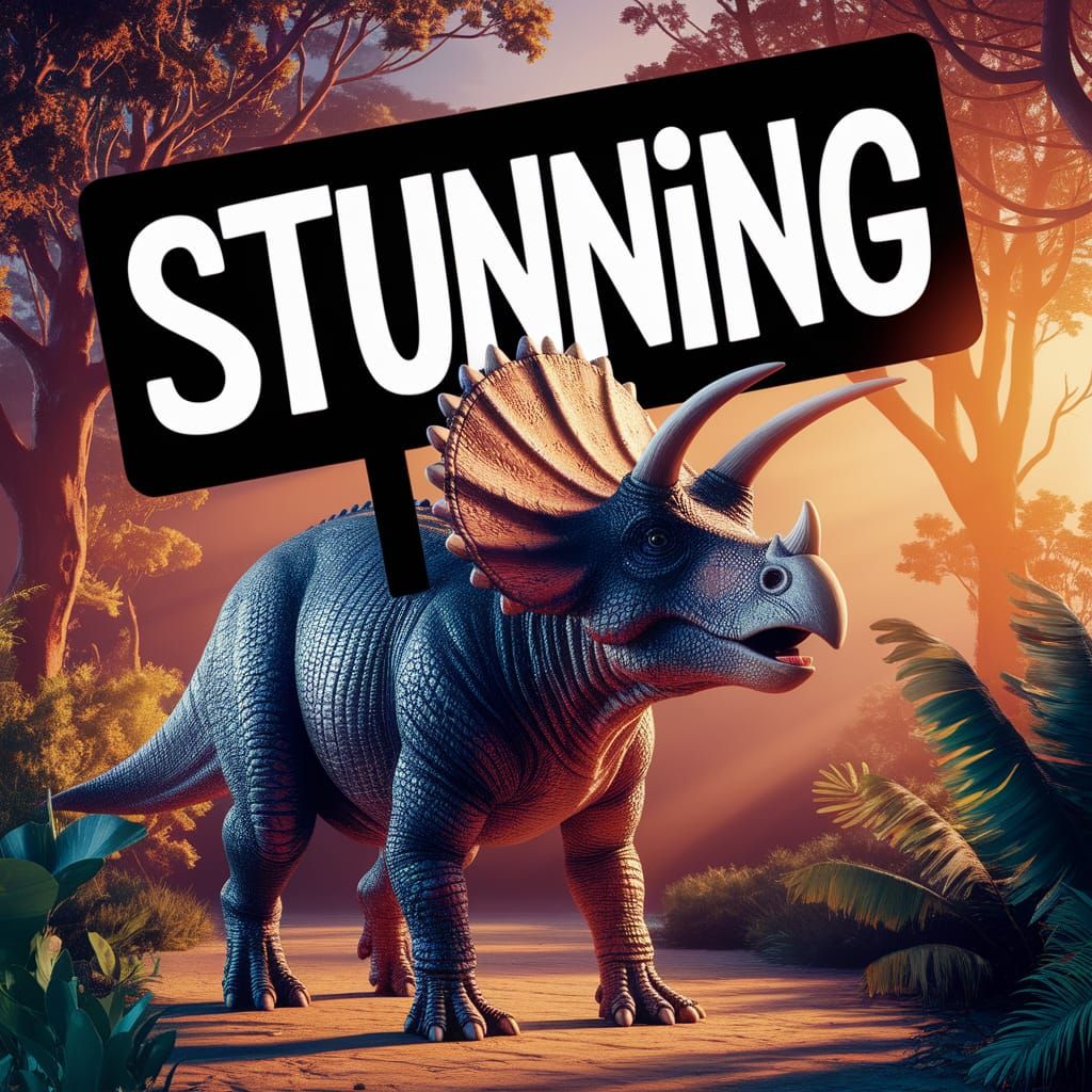 Hyperrealistic Triceratops Holding "Stunning" Sign