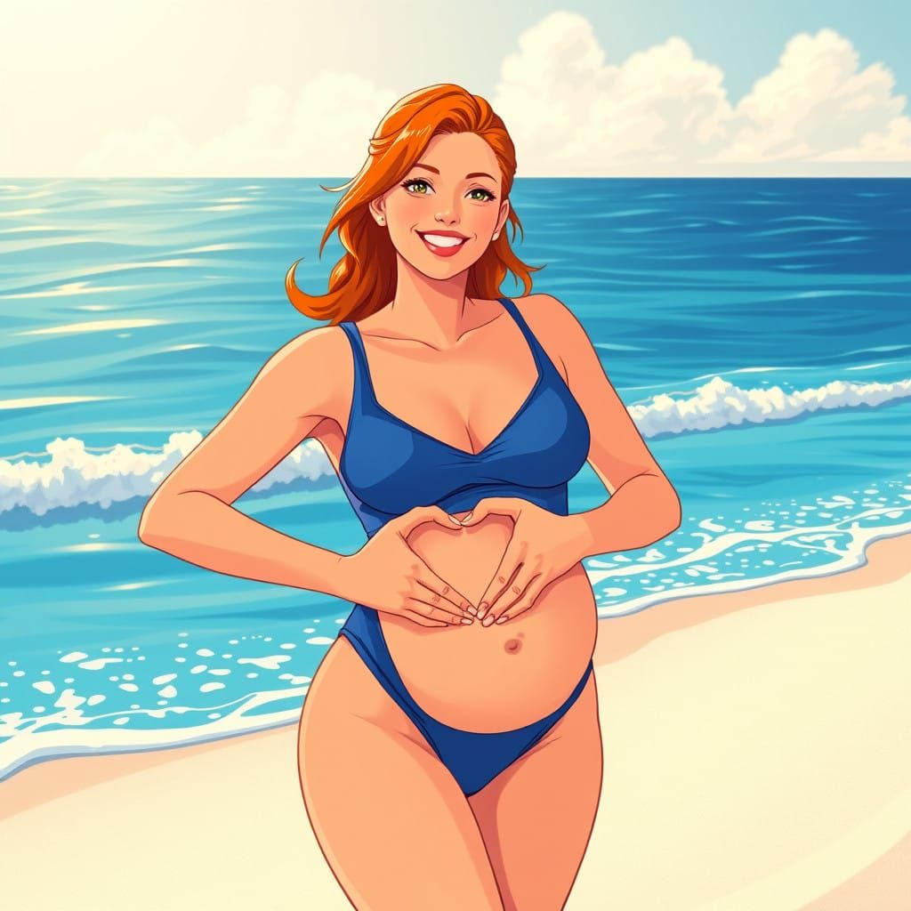 Joyful Pregnant Woman Radiates Happiness on Sunny Beach