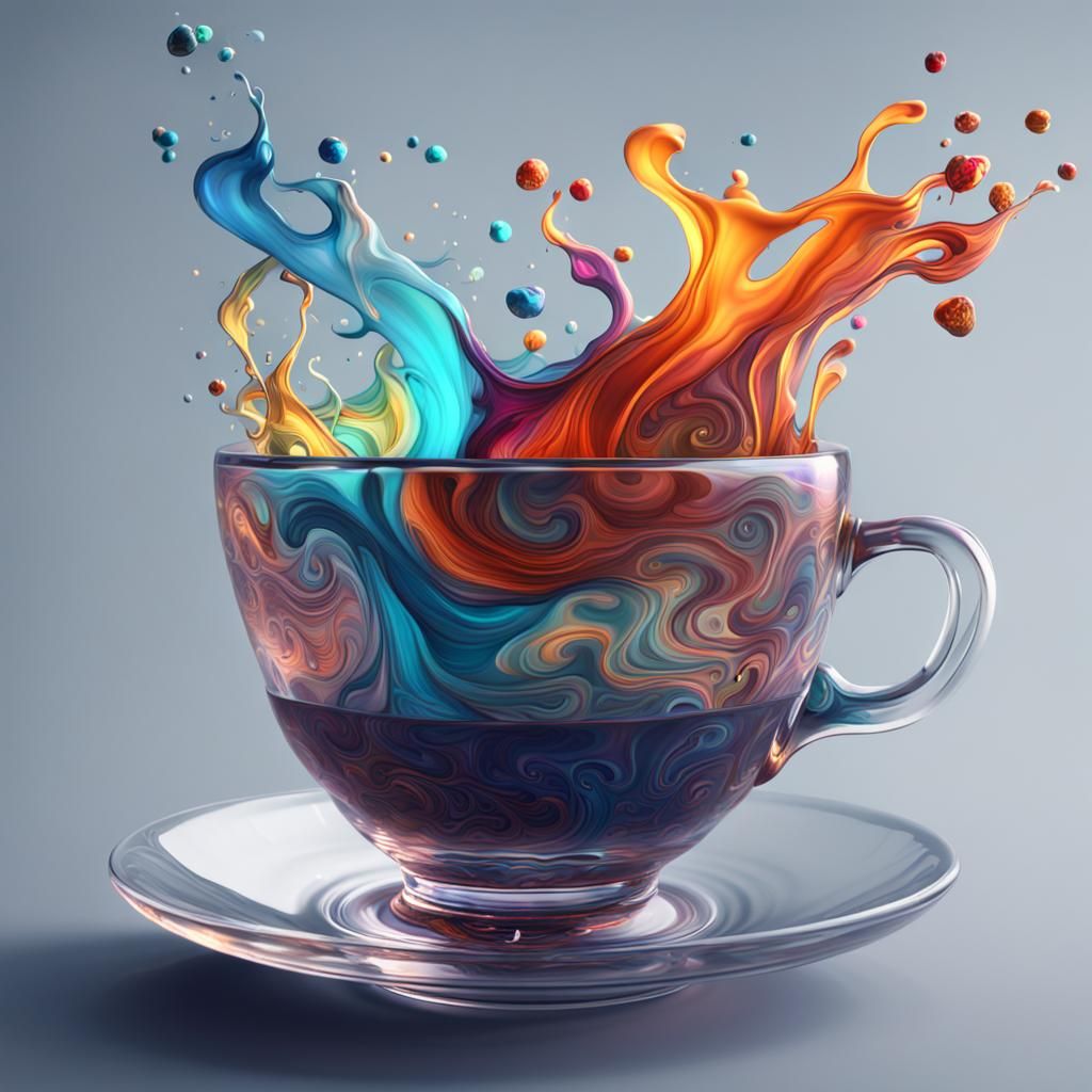 Swirling Colours in Glass Teacup: Detailed Digital Art