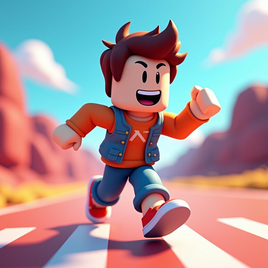 Enthusiastic Roblox Avatar Running in Game Landscape