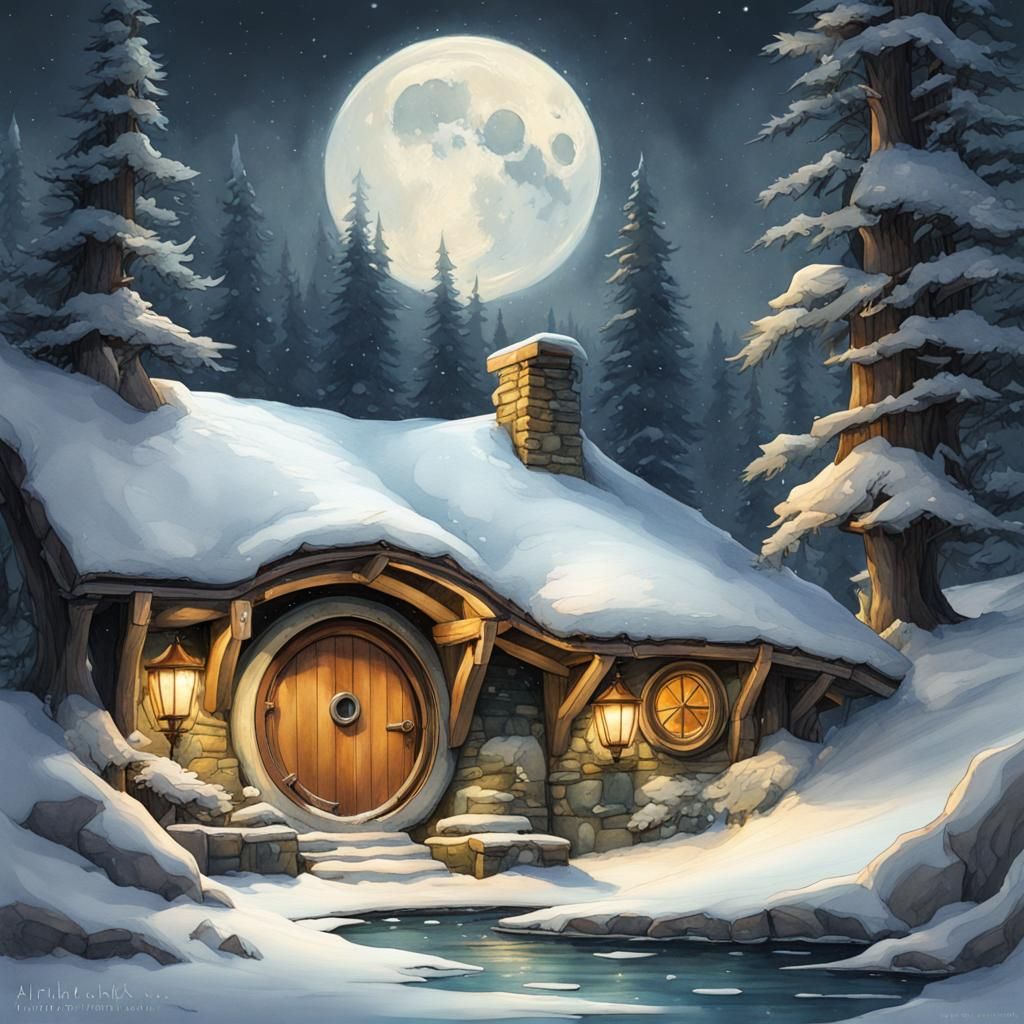 Winter Hobbit Hole Watercolor Painting