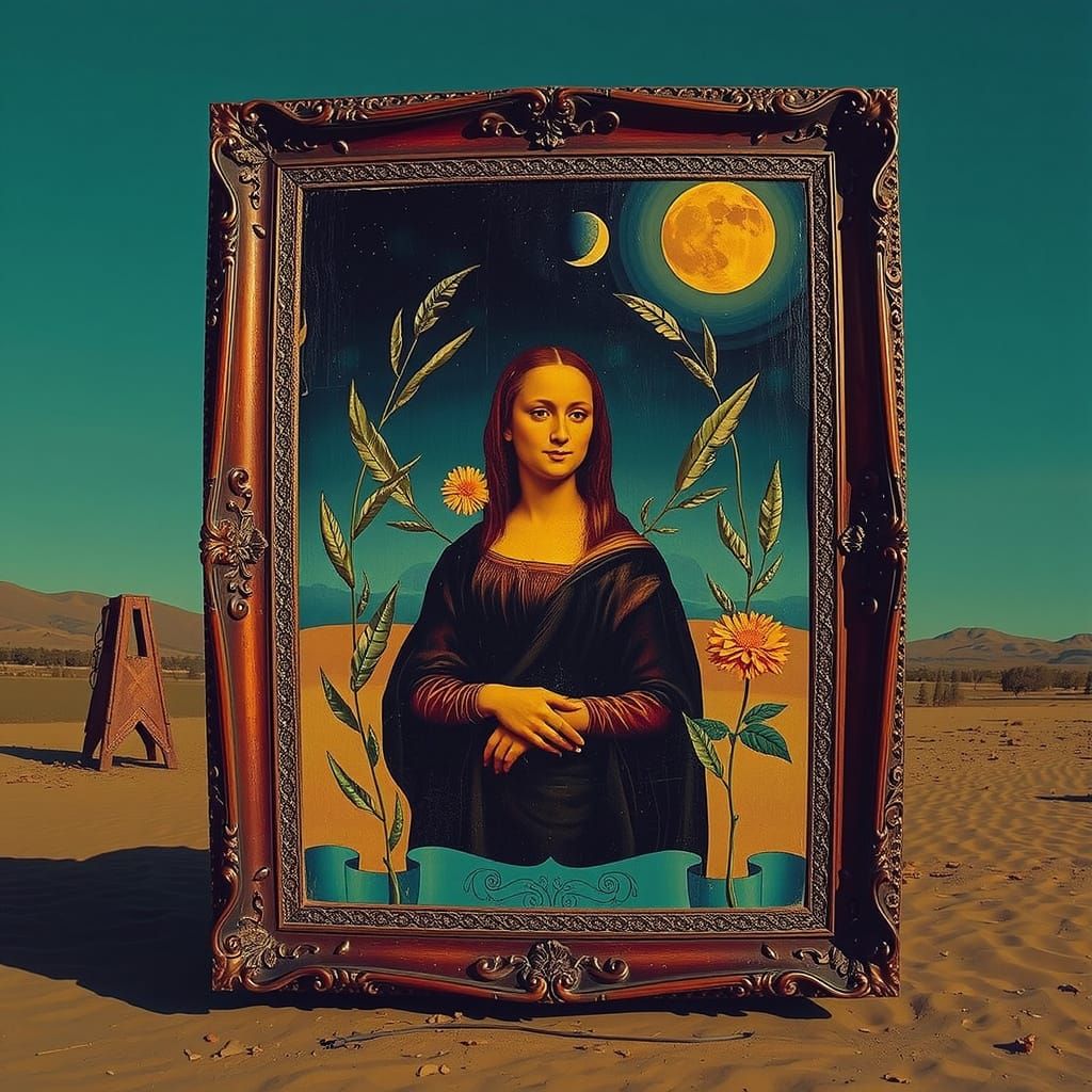 Surrealistic Mona Lisa with Teal Hair and Yellow Flower