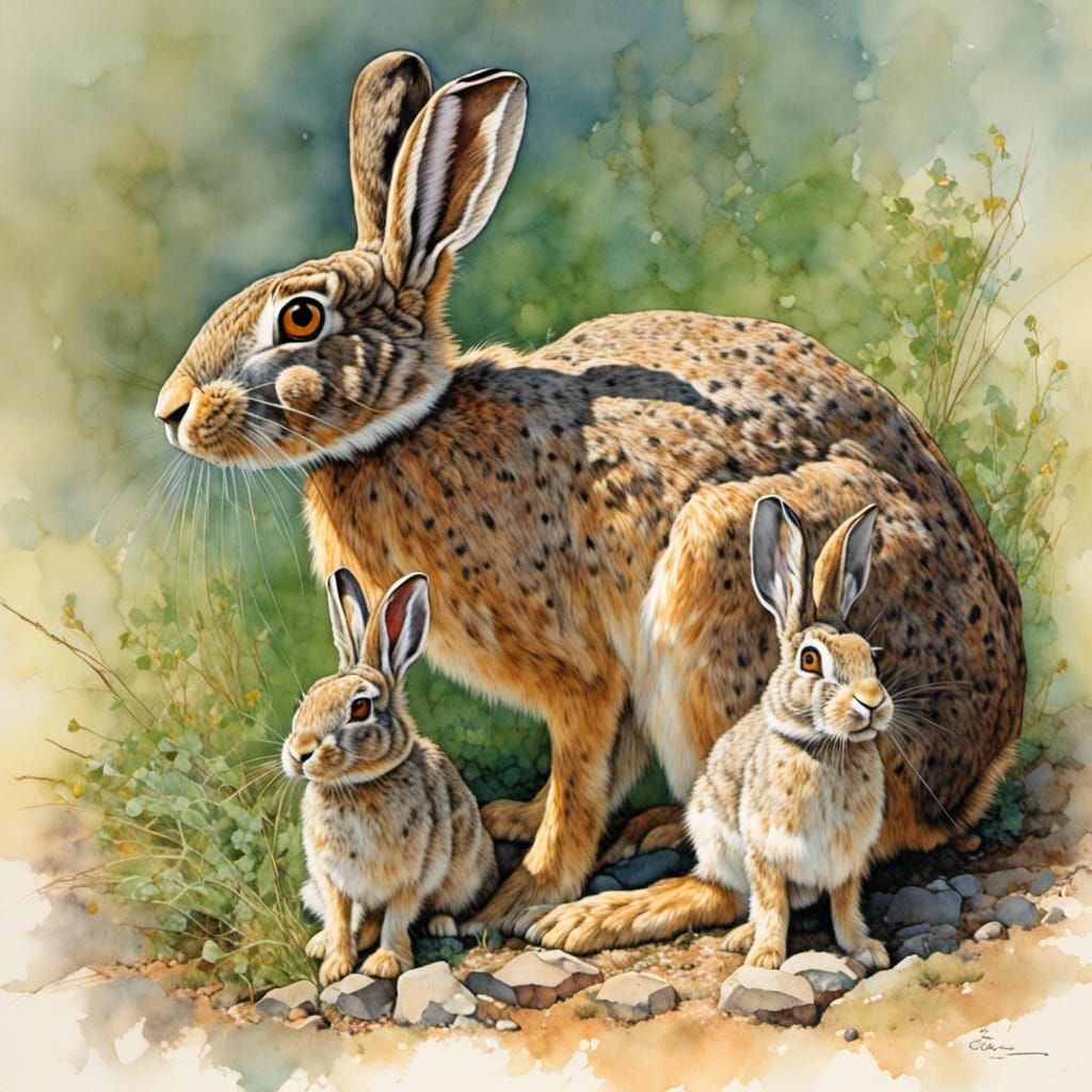 American pipe hare with cubs