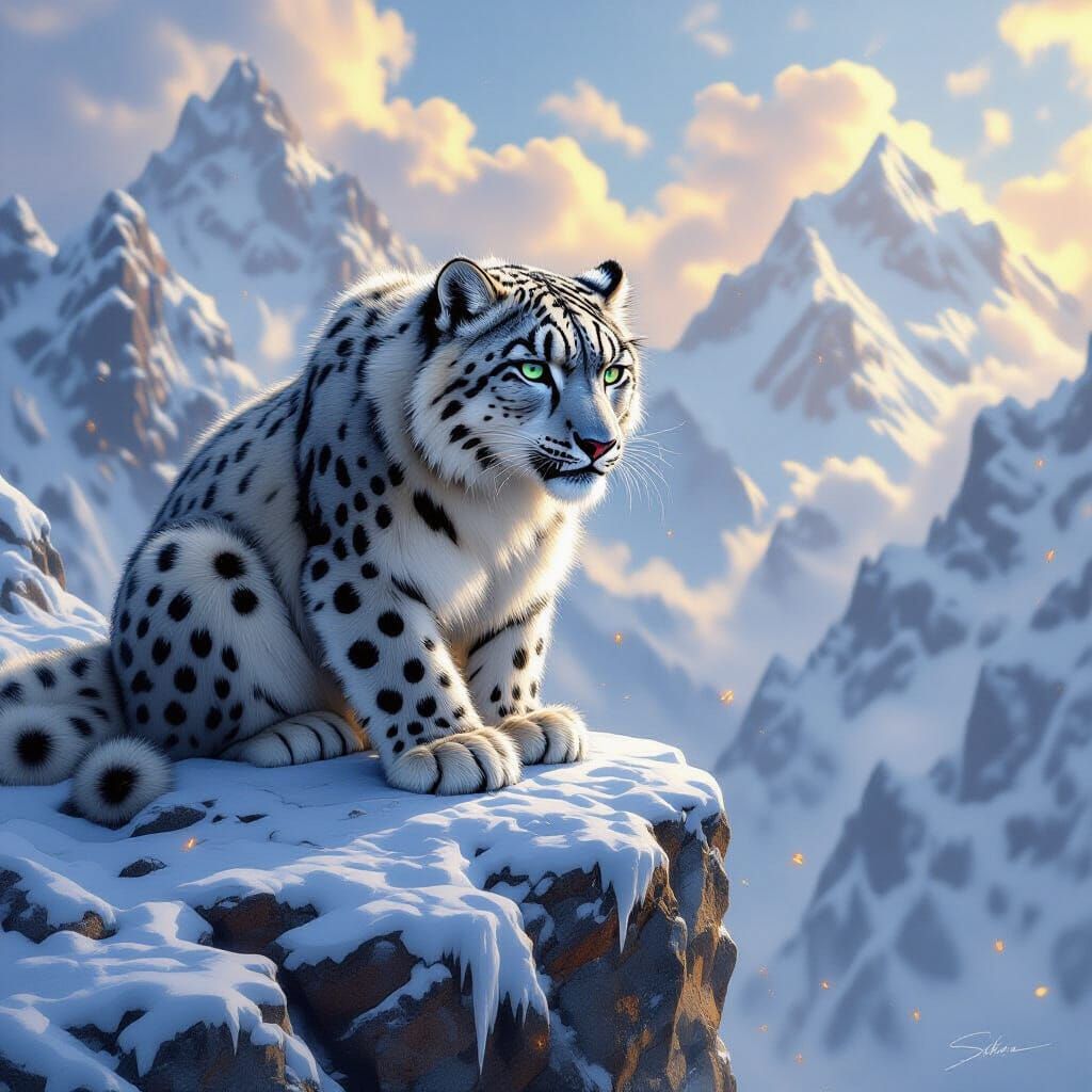 Snow Leopard on Frosty Ledge in Digital Art Style