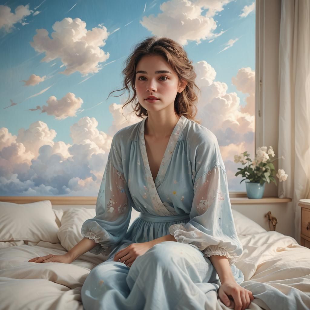 Anna in Serene Bedroom with Impressionistic Light