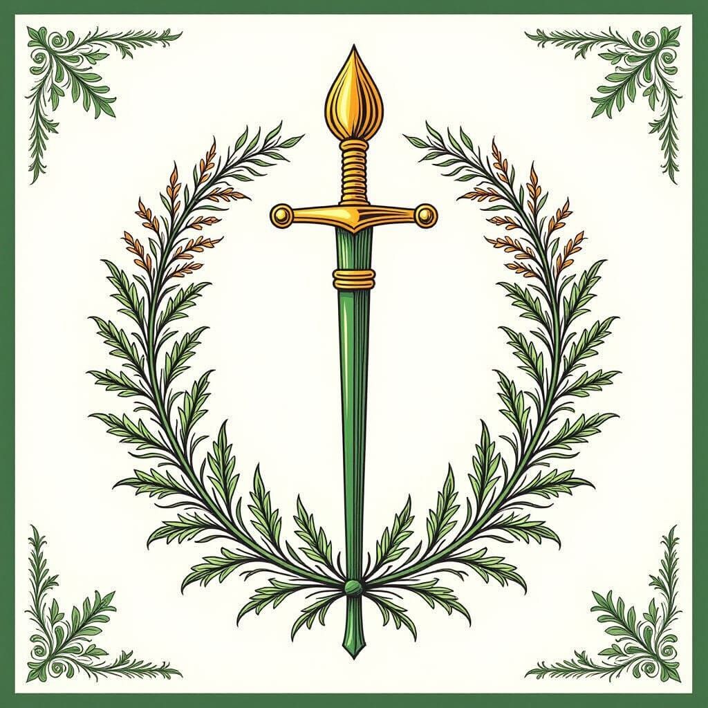 Heraldic Flag Design with Medicinal Herbs and Golden Staff