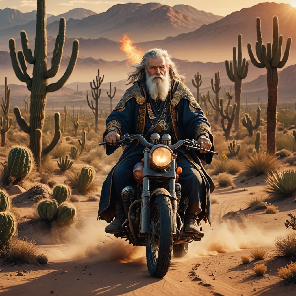 Wizard Rides Motorcycle Through Desert: Oil Painting