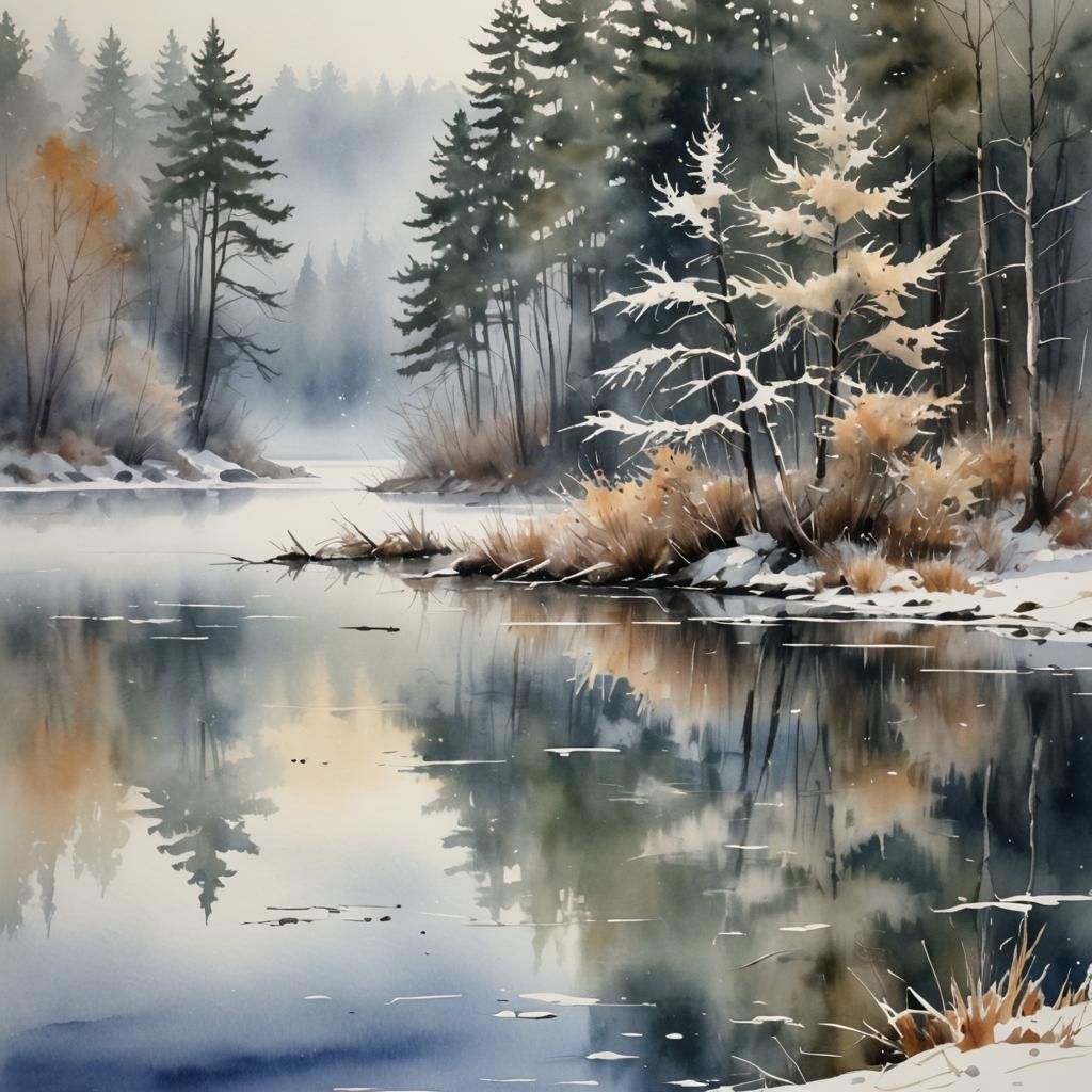 Foggy Winter Lake: Watercolor Painting