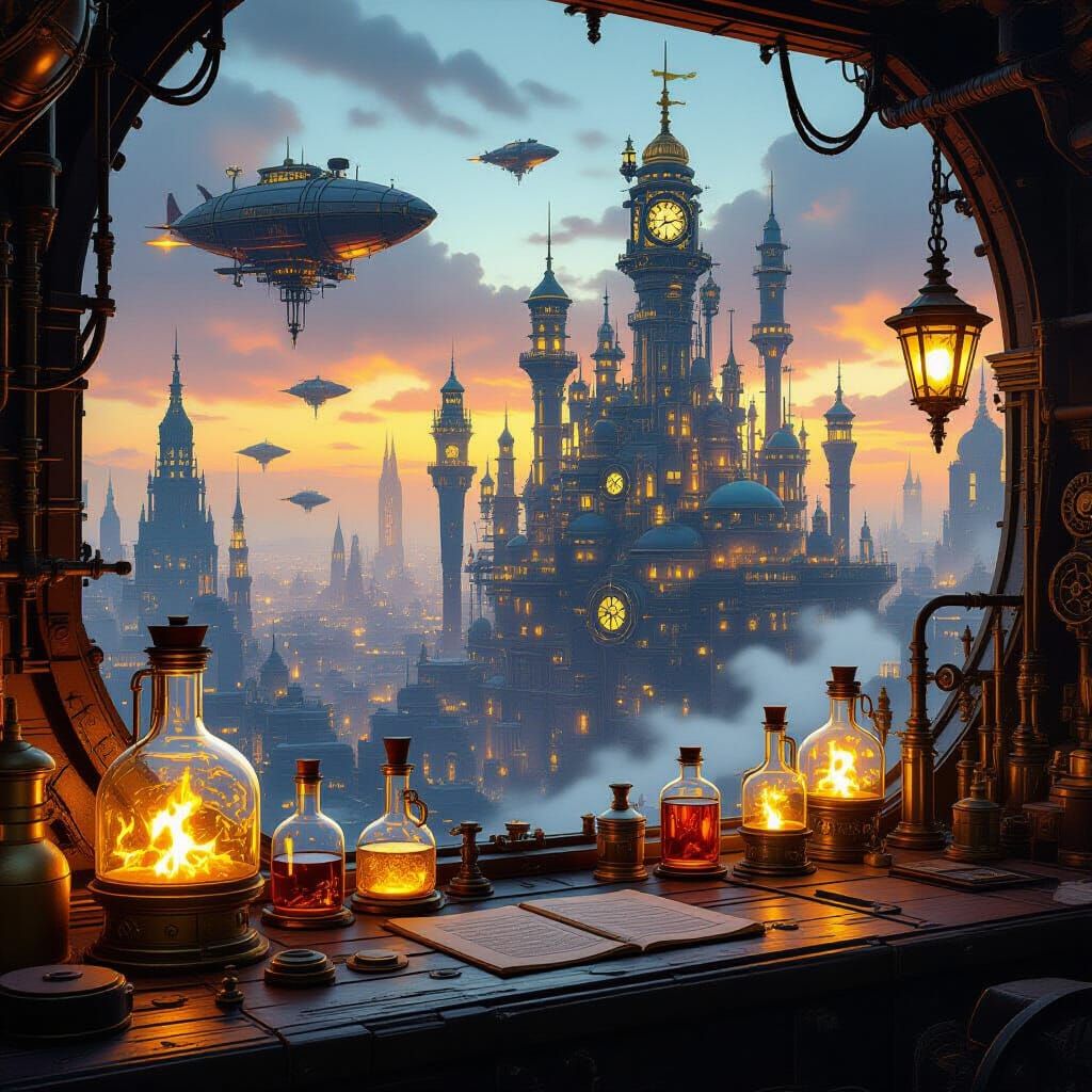 Steampunk Cityscape with Alchemist's Lab