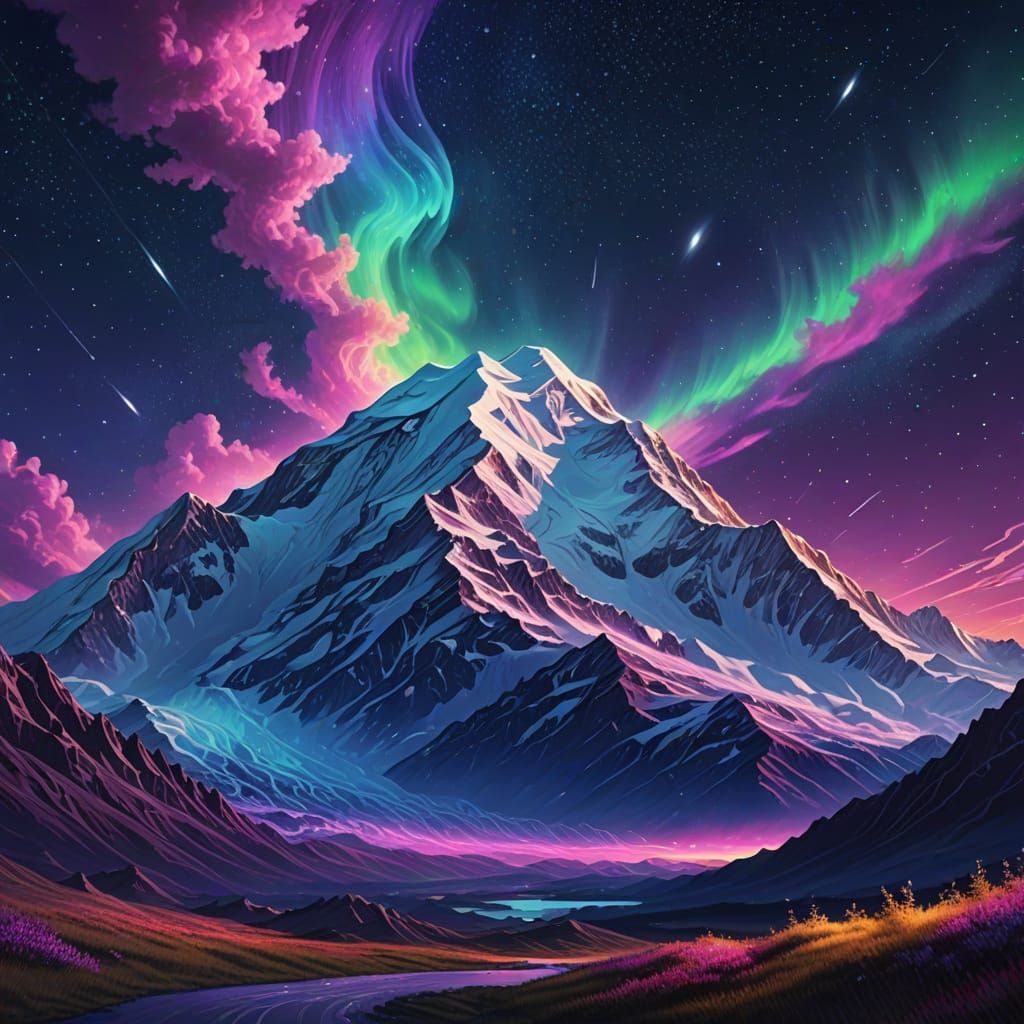 Ethereal Mount McKinley Illuminated by Vibrant Cosmic Aurora...