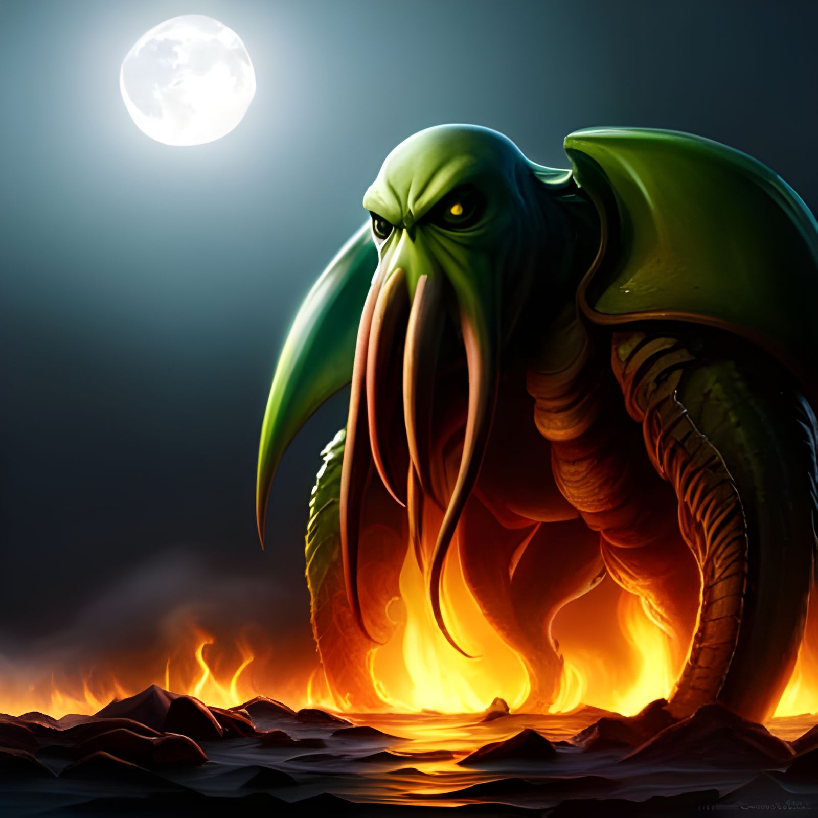 Cthulhu Rises from Lava Pit in Ethereal Fog