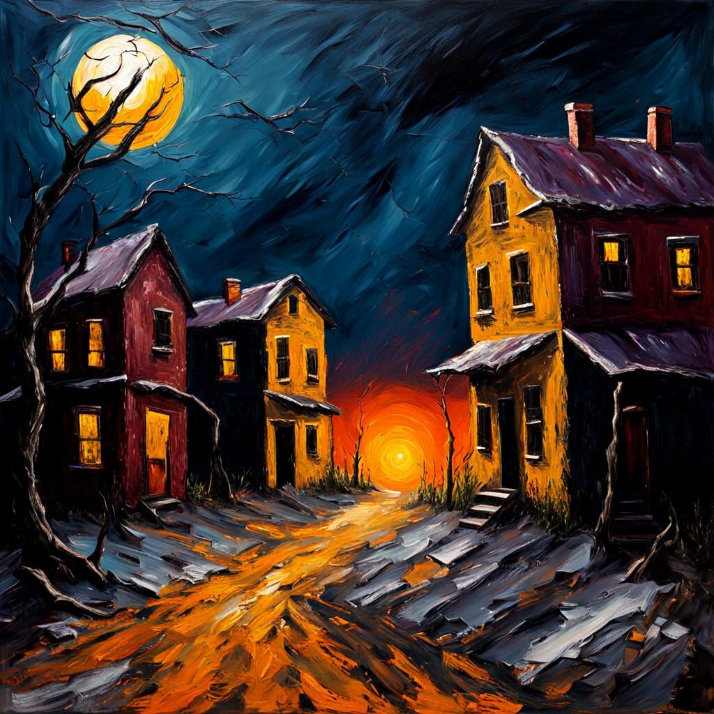 Sinister Halloween Town Under Eerie Moon in Oil Painting Sty...