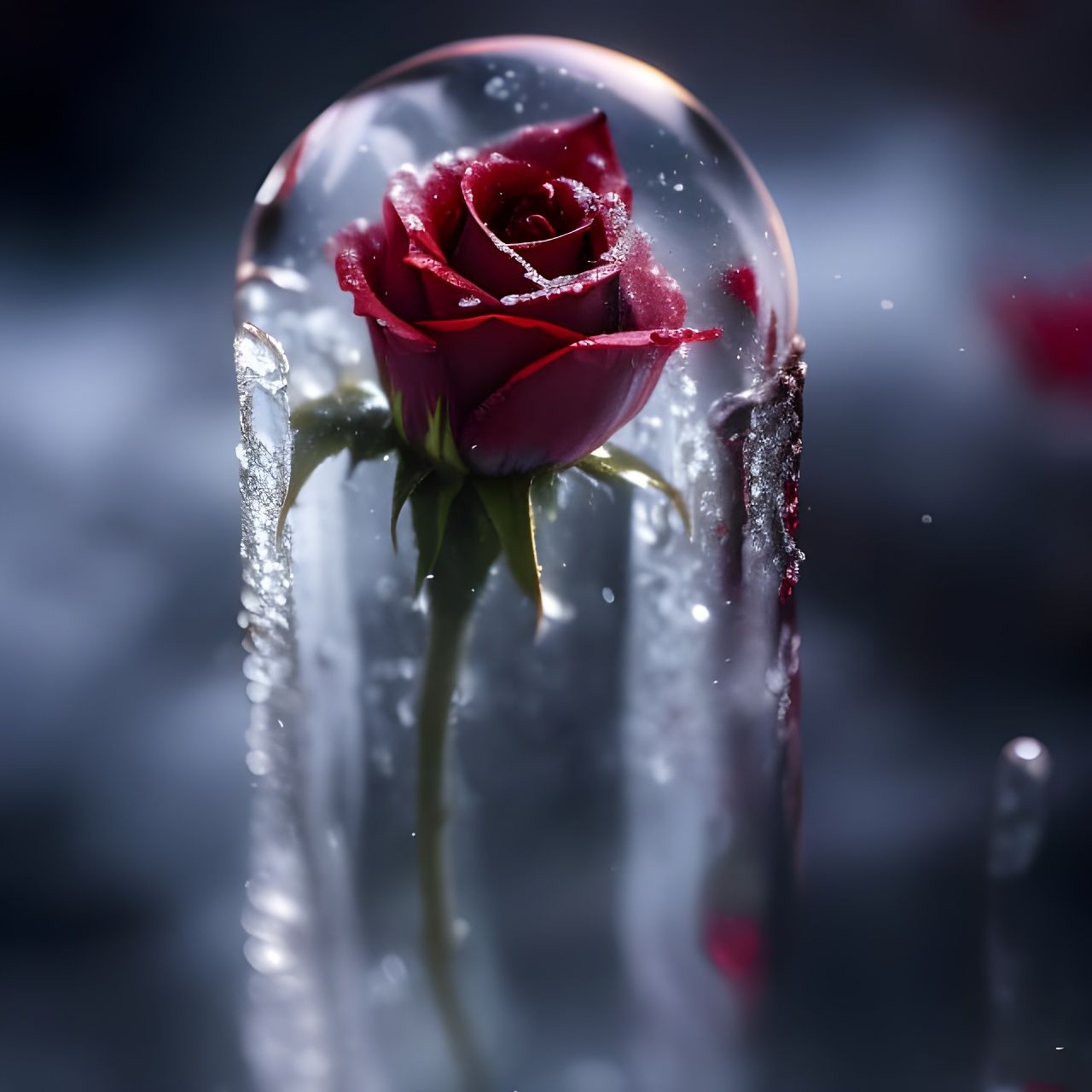 Frozen Red Rose Macro Photograph in Ice