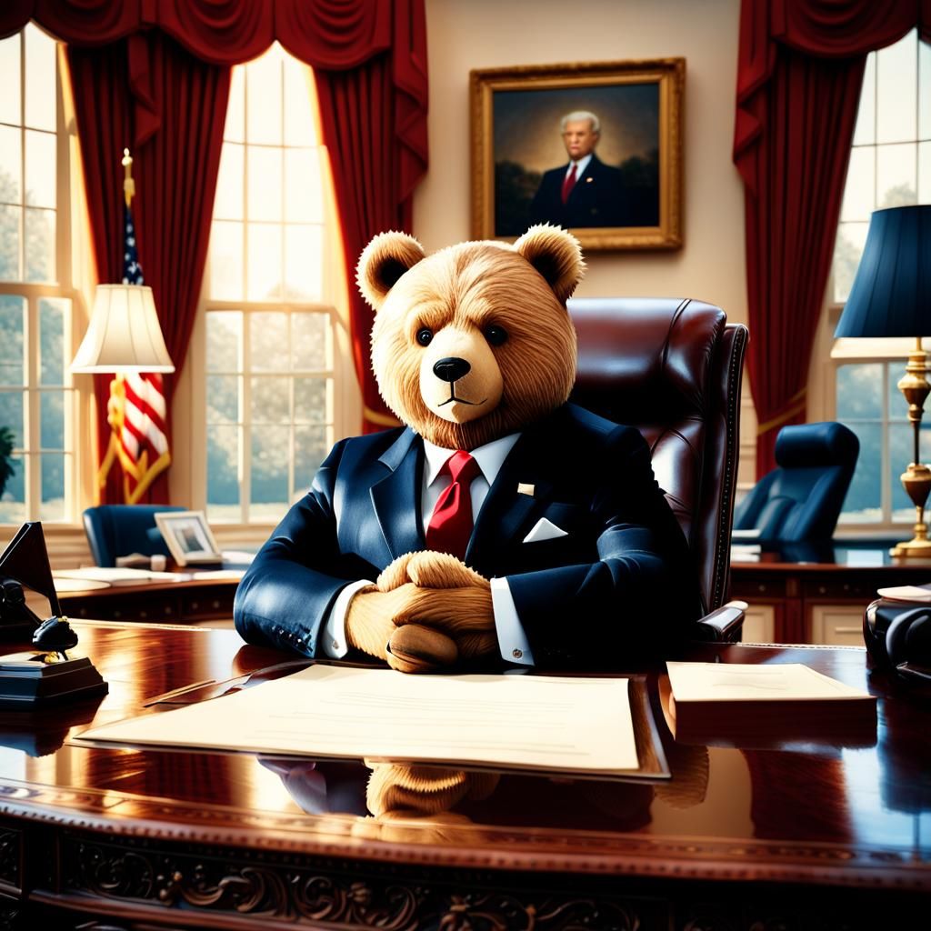 Teddy Bear President: Hyperrealistic Oval Office Portrait
