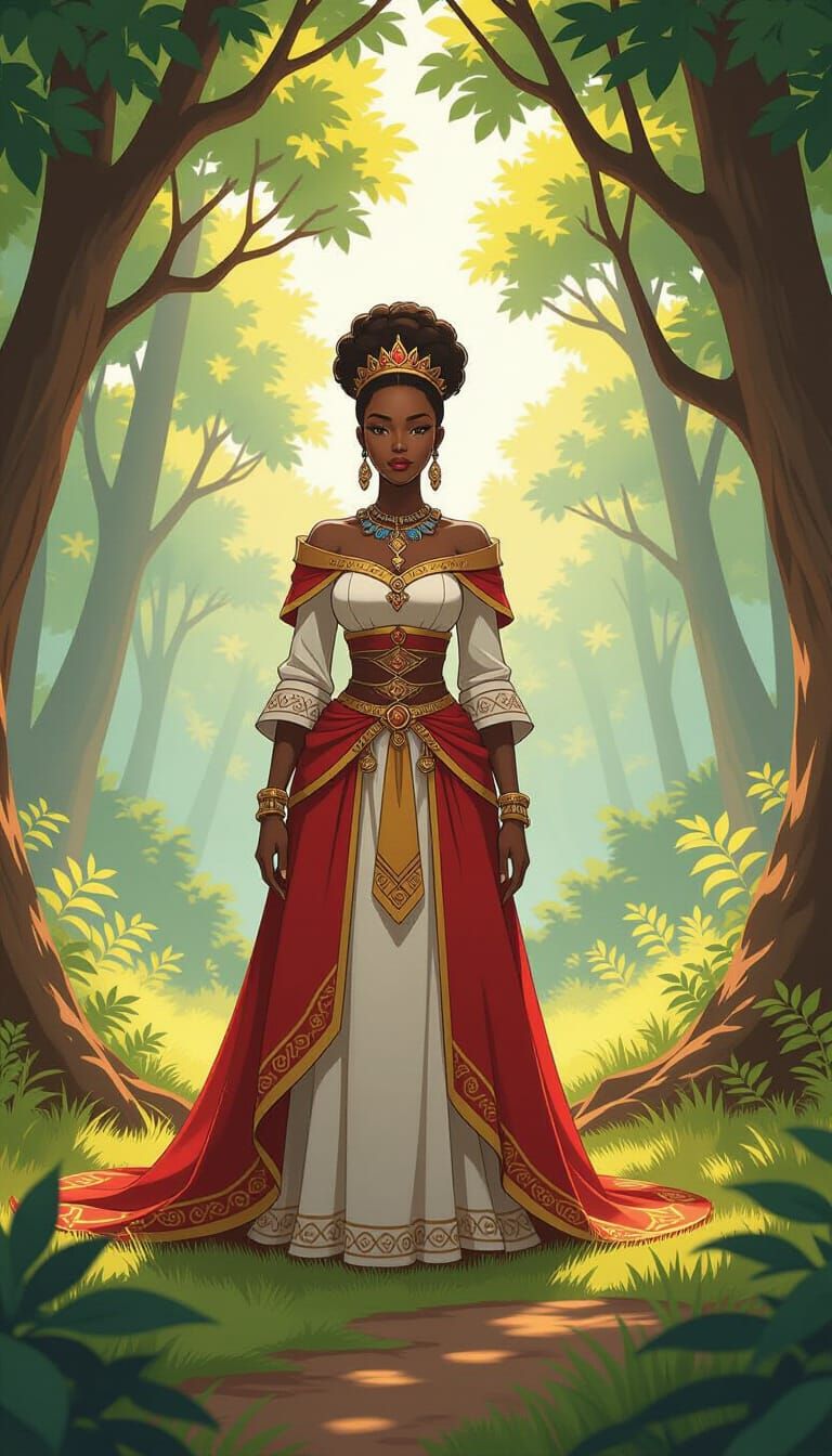 Medieval African Queen in Forest, Digital Realism