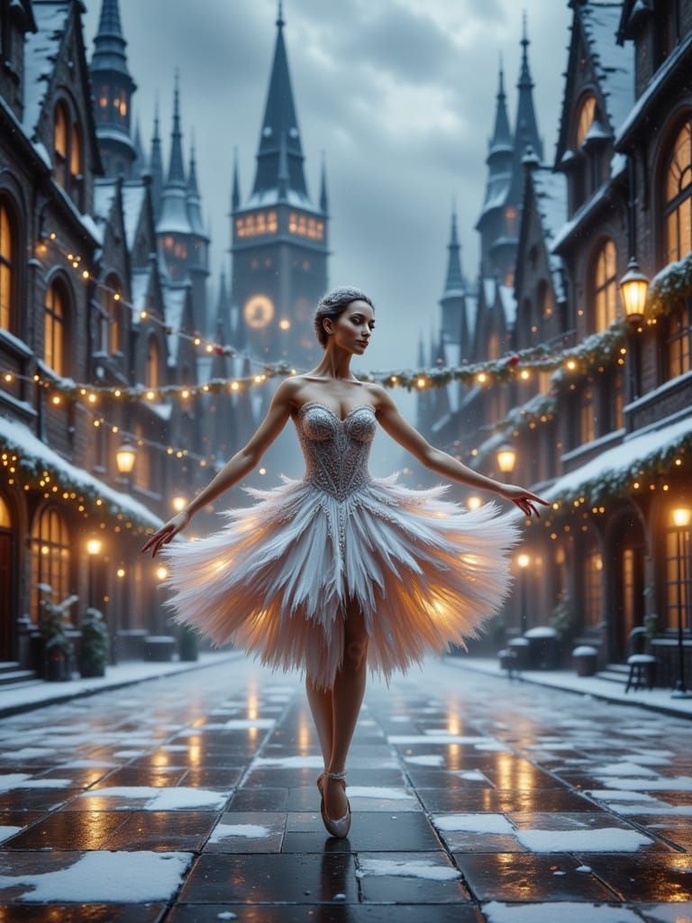 Ballerina in Snow Amidst Gothic Cathedral Dress