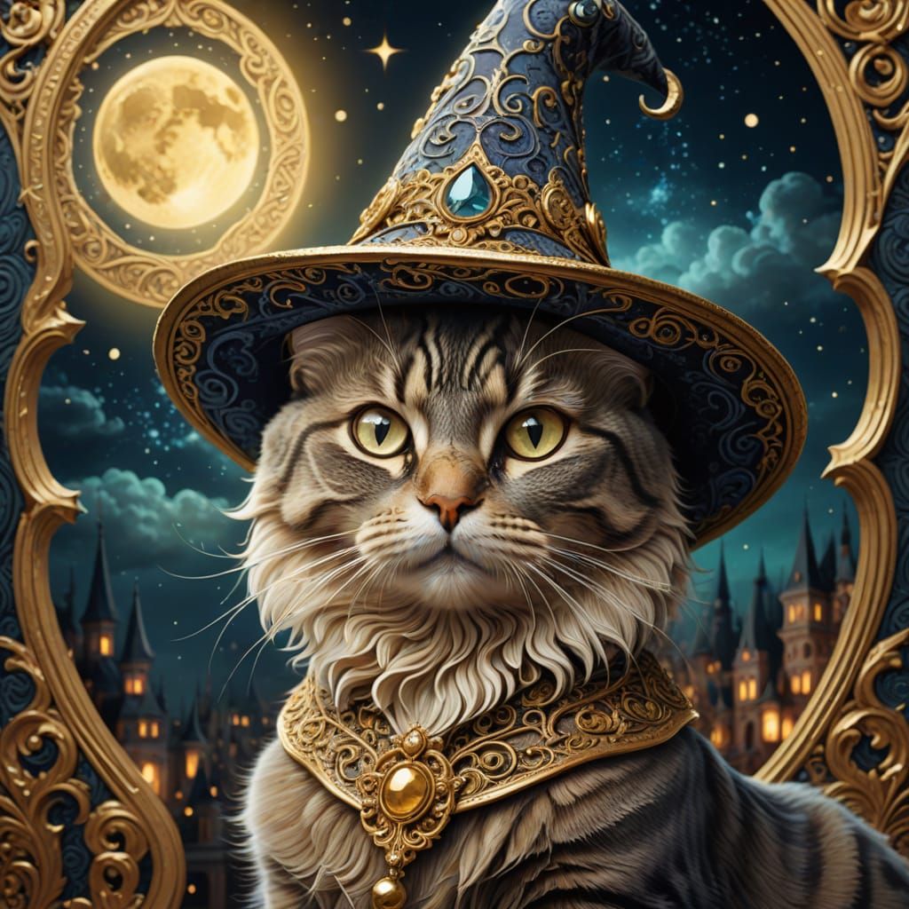 Cat in Ornate Hat: Baroque Art Nouveau 3D Render